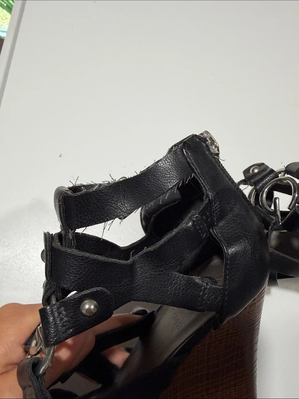 Guess Black Leather Strappy Wedge Sandals with Wood-Effect Platform